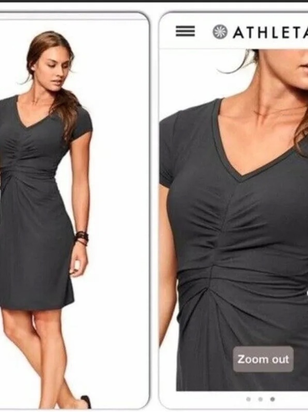 Athleta Honey Ruched V-Neck Short Sleeve Black Knit Dress Athleisure Chic M